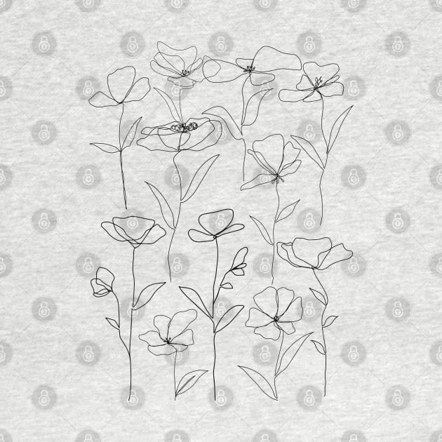 Poppies One Line Art Flowers Black And White by ArunikaPrints